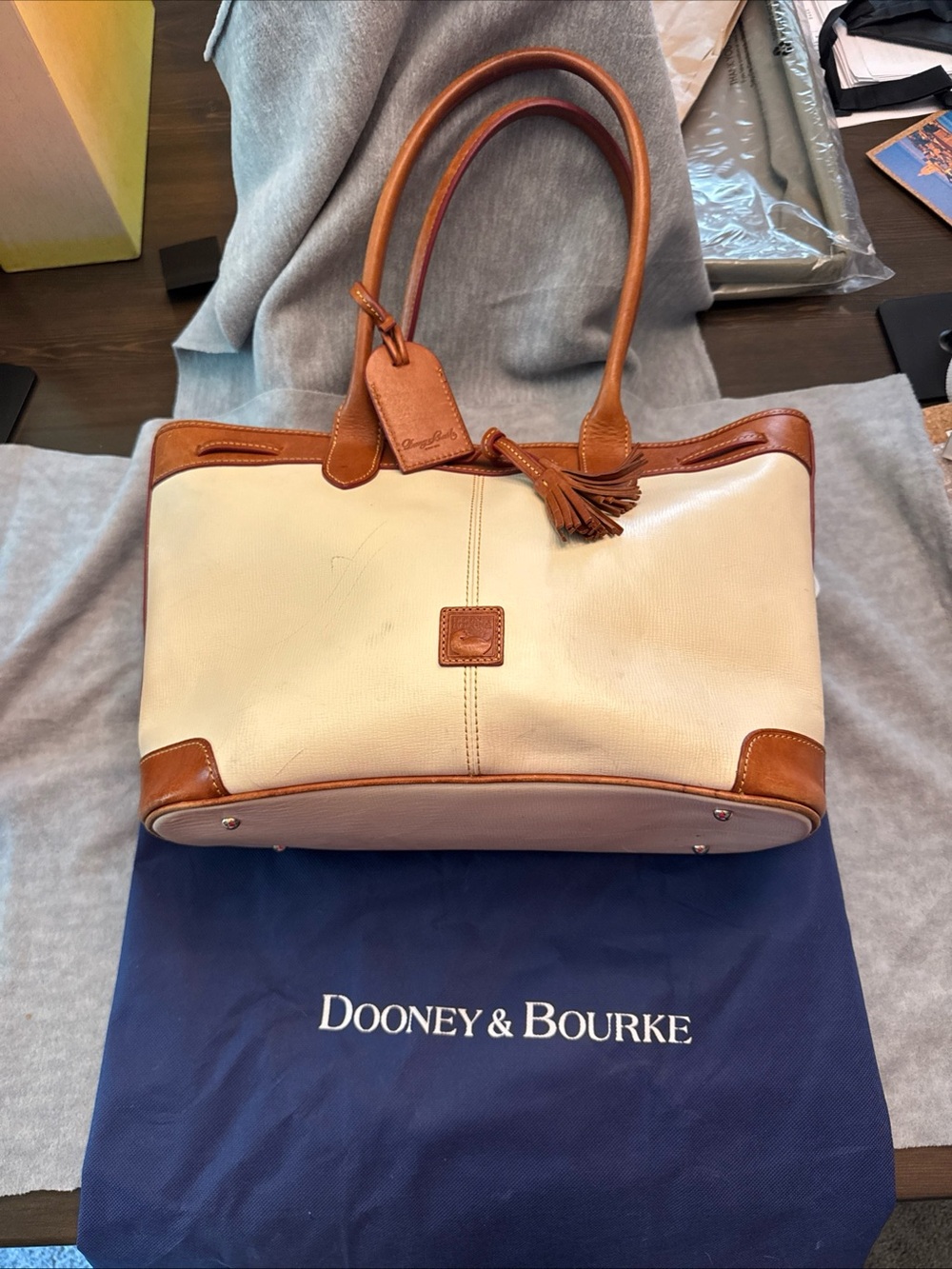 Dooney & Bourke Saffiano Cream &Tan Leather Trim Tote